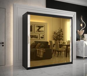 Designová šatní skříň se zlatým zrcadlem MADLA 3 - šířka 200 cm, černá / bílá