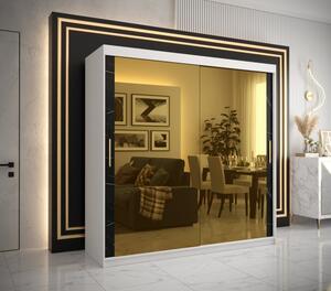 Designová šatní skříň se zlatým zrcadlem MADLA 3 - šířka 200 cm, bílá / černá
