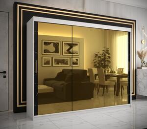 Designová šatní skříň se zlatým zrcadlem MADLA 3 - šířka 250 cm, bílá / černá