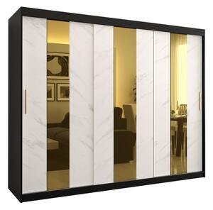 Designová šatní skříň se zlatým zrcadlem MADLA 4 - šířka 250 cm, černá / bílá