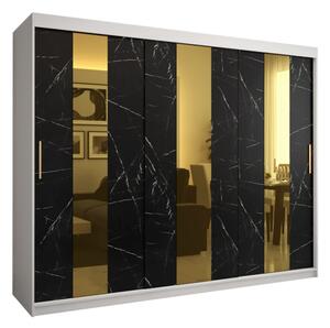 Designová šatní skříň se zlatým zrcadlem MADLA 4 - šířka 250 cm, bílá / černá