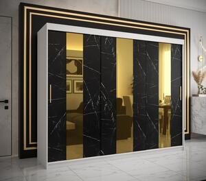 Designová šatní skříň se zlatým zrcadlem MADLA 4 - šířka 250 cm, bílá / černá