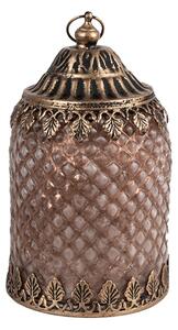 Hnědá skleněná dekorace lucerna s LED světlem s ozdobnými lístky – 10x16 cm