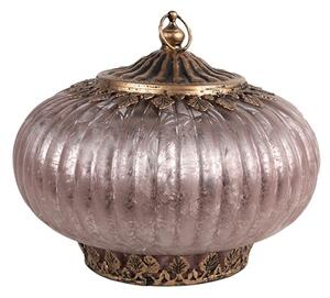 Růžová skleněná dekorace lucerna s LED světlem s ozdobnými lístky – 17x14 cm