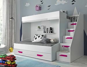 Dětská patrová postel s úložným prostorem Derry - bílá/růžové úchyty