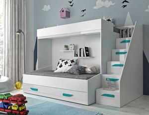 Dětská patrová postel s úložným prostorem Derry - bílá/tyrkysové úchyty
