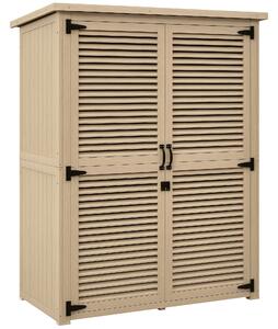 Outsunny Dřevěná Kůlna 0.83 m² 127x65x168 cm Exteriérový Dřevěný Kroužek se 2 Závěsnými Dveřmi, 2 Policemi, 2 Rukojeťmi a Voděodolnou Stříškou pro Zah