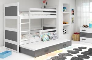 Dětská patrová postel s přistýlkou a matracemi 90x200 FERGUS - bílá / grafit
