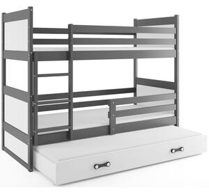 Dětská patrová postel s přistýlkou a matracemi 90x200 FERGUS - grafit / bílá