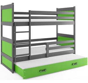 Dětská patrová postel s přistýlkou a matracemi 90x200 FERGUS - grafit / zelená