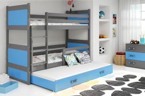 Dětská patrová postel s přistýlkou a matracemi 80x190 FERGUS - grafit / modrá
