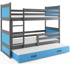 Dětská patrová postel s přistýlkou a matracemi 90x200 FERGUS - grafit / modrá