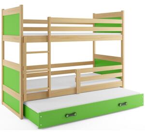 Dětská patrová postel s přistýlkou bez matrací 90x200 FERGUS - borovice / zelená