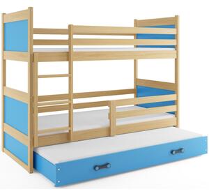 Dětská patrová postel s přistýlkou bez matrací 90x200 FERGUS - borovice / modrá