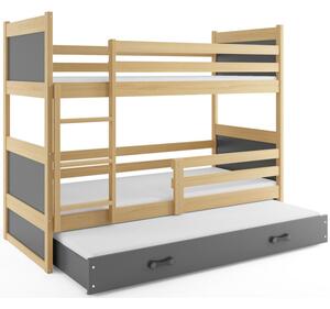 Dětská patrová postel s přistýlkou a matracemi 80x190 FERGUS - borovice / grafit