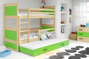 Dětská patrová postel s přistýlkou bez matrací 90x200 FERGUS - borovice / zelená