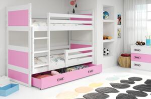 Dětská patrová postel s úložným prostorem s matracemi 90x200 FERGUS - bílá / růžová
