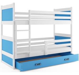 Dětská patrová postel s úložným prostorem s matracemi 90x200 FERGUS - bílá / modrá