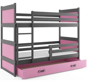 Dětská patrová postel s úložným prostorem s matracemi 90x200 FERGUS - grafit / růžová