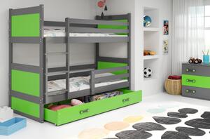 Dětská patrová postel s úložným prostorem s matracemi 90x200 FERGUS - grafit / zelená