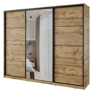 Šatní skříň NEJBY BARNABA 250 cm s posuvnými dveřmi, zrcadlem,4 šuplíky a 2 šatními tyčemi,dub wotan