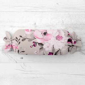 Biante Polštář válec bonbon Sandra SA-494 Velké růžové květy na světle šedobéžovém 15x40 cm