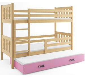 Dětská patrová postel s přistýlkou bez matrací 80x190 CHARIS - borovice / růžová