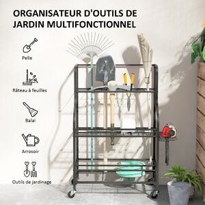 Outsunny Organizér na zahradní nářadí, 54 přihrádek pro uložení nářadí s 5 háčky, ocelový regál na nářadí na kolečkách, 3 úrovně pro nářadí, hrábě, če