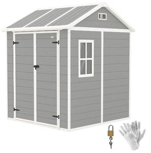 Zahradní kůlna Outsunny s povrchem připomínajícím staré dřevo, 2,91 m², s dvojitými dveřmi a zámkem, šikmou střechou, 181x181x220 cm, šedá | Aosom