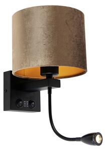 Nástěnná lampa černá s hnědým sametovým stínítkem 18 cm - Brescia