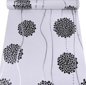 Samolepící tapety 45 cm x 10 m IMPOL TRADE 9073, černé květy se stříbrnými vlnovkami, samolepící tapety