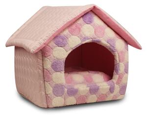 Růžový domeček pro psy - 41x39x41 cm (Růžový domek pro psy o velikosti 41x39 cm. Vnitřní polštář je vyndavatelný. Domek má pevnou a stabilní konstrukci. Střecha je sundavací na zip. Domek je snadno pratelný.)