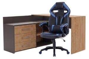 TP Living Rohový psací stůl Dany dub Artisan/antracit s herním křeslem Drift černo-modrým