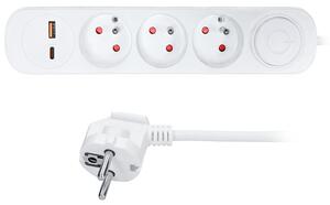 SOLIGHT Prodlužovací přívod 3 zásuvky, USB A+C 20W PD, 3m, 3 x 1mm2, bílý, vypínač