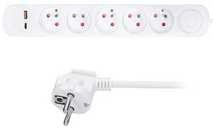 SOLIGHT Prodlužovací přívod 5 zásuvek, USB A+C 20W PD, 3m, 3 x 1mm2, bílý, vypínač