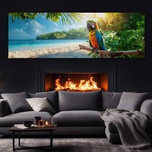 Obraz na plátně - Papoušek Ara hlídkuje na pláži FeelHappy.cz Velikost obrazu: 150 x 50 cm