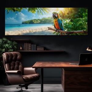 Obraz na plátně - Papoušek Ara hlídkuje na pláži FeelHappy.cz Velikost obrazu: 90 x 30 cm