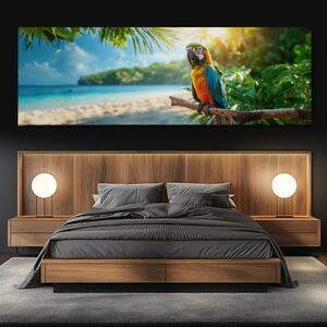 Obraz na plátně - Papoušek Ara hlídkuje na pláži FeelHappy.cz Velikost obrazu: 120 x 40 cm