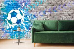Samolepící tapeta modrý fotbalový míč na cihlové zdi