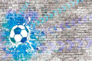 Samolepící tapeta modrý fotbalový míč na cihlové zdi