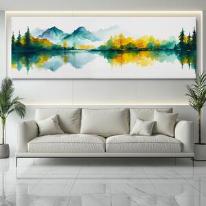Obraz na plátně - Hory a lesy u jezera Motino FeelHappy.cz Velikost obrazu: 90 x 30 cm