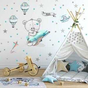 INSPIO-textilní přelepitelná samolepka - Samolepky na zeď pro kluky - Medvídek s letadlem a balóny