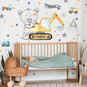 INSPIO-textilní přelepitelná samolepka - Samolepka na zeď pro kluky - Maco a stavební auta do dětského pokoje