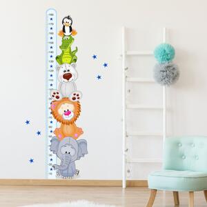 INSPIO Dětské samolepky na zeď - Modrý metr s barevnými zvířátky (180 cm)