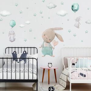 INSPIO-textilní přelepitelná samolepka - Samolepky do dětského pokoje - Mentolové zajíčky, hvězdy a obláčky