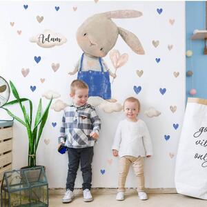 INSPIO-textilní přelepitelná samolepka - Dětské nálepky na zeď - Zajíček s modrými nálepkami a jménem, personalizovaná nálepka