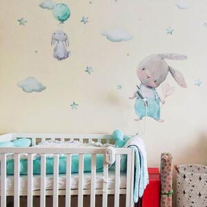 INSPIO-textilní přelepitelná samolepka - Samolepka do dětského pokoje - Zajíčci s hvězdičkami v mentolové barvě