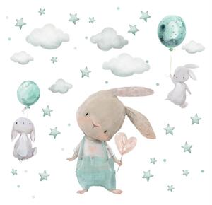 INSPIO-textilní přelepitelná samolepka - Samolepka do dětského pokoje - Zajíčci s hvězdičkami v mentolové barvě