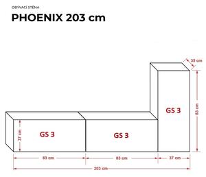 Ral Obývací stěna PHOENIX 3, 203 cm - Černý lesk