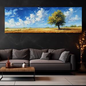 Obraz na plátně - Osamělý strom a plující huňaté mraky FeelHappy.cz Velikost obrazu: 120 x 40 cm